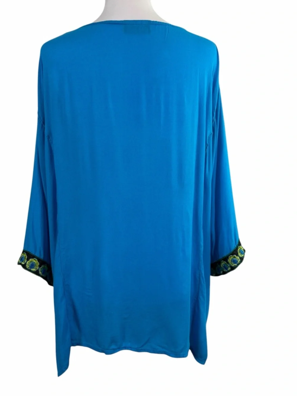 Anji Blue Embroidered Boho Top | Lightweight Flowy Tunic Chic Statement Blouse S